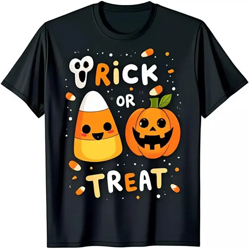 Stylish Black T Shirt With Cute Halloween Pumpkin Candy Corn Trick
