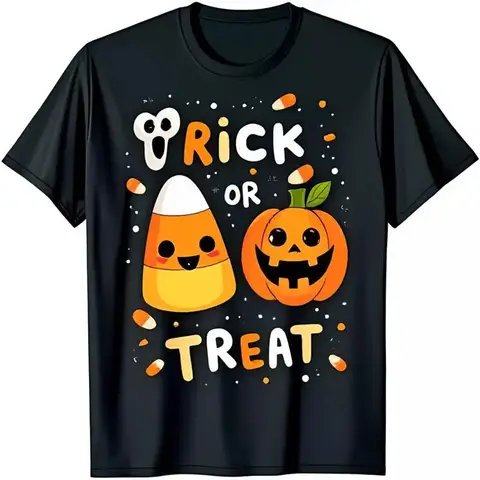 Stylish Black T Shirt With Cute Halloween Pumpkin Candy Corn Trick