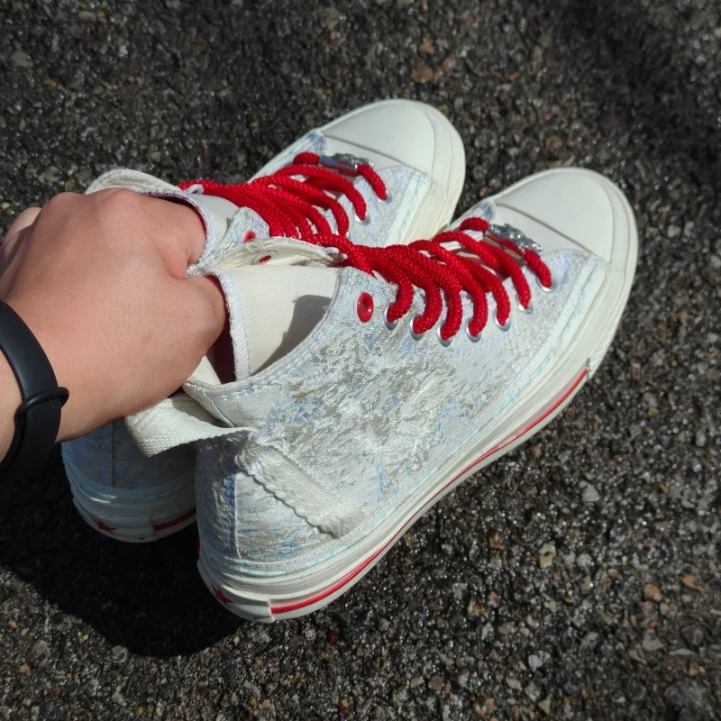 Unisex Gray‑White Jacquard Embroidery High‑top Board Shoes, Contrast Red Laces Retro Niche Trendy Couple Versatile Daily Wear Ca