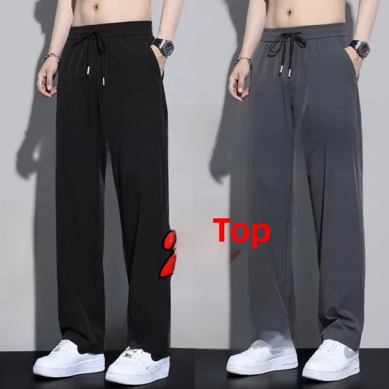 

Ice Silk Men's Summer Thin Straight Leg Casual Pants Loose Sport Qui Dry Long Trousers Drapey Wide Leg Casual Trousers