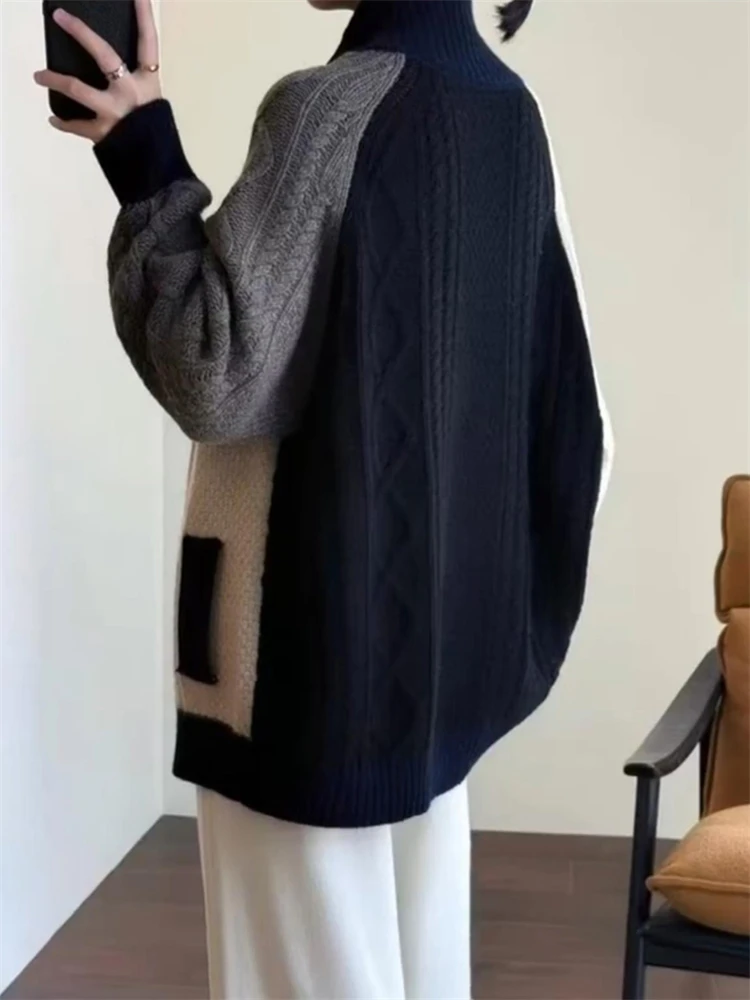 Ladies Cardigan100% Merino Wool Multicolored High Neck Single-breasted Sweater Autumn Winter Warm Soft Knit Cable Clothing