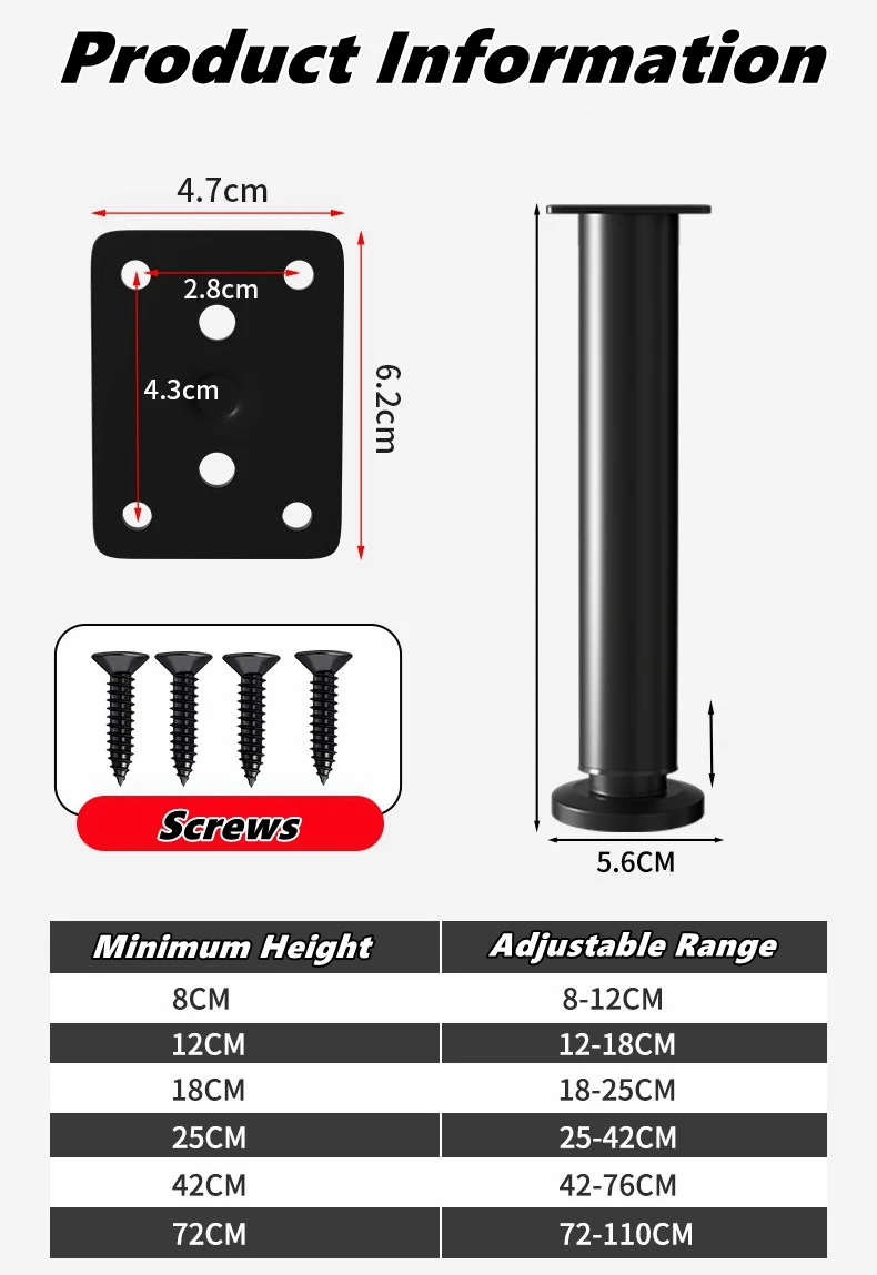 Stainless Steel Height Increasing Computer Desk with Telescopic Reinforcement Furniture Foot Bracket Adjustment Range 8-110cm