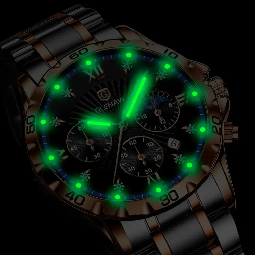 GLENAW 2023 New Men Automatic Quartz Watch For Men Top Brand Military Sport Chronograph Stainless Steel Waterproof Clock Relogio