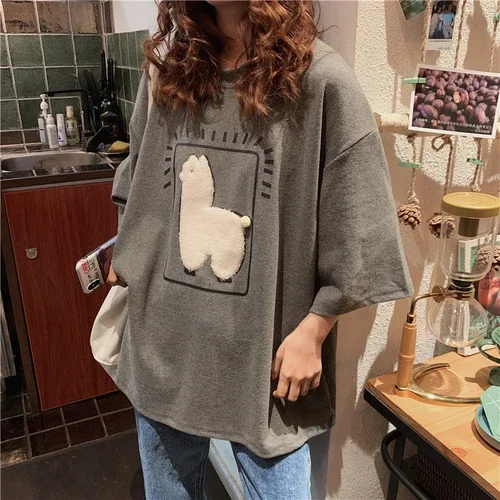 QNPQYX Women\'s Cartoon Alpaca Animal Printed T Shirts Casual Loose Oversize Korean Style Summer Short Sleeve Top Female T-shirts