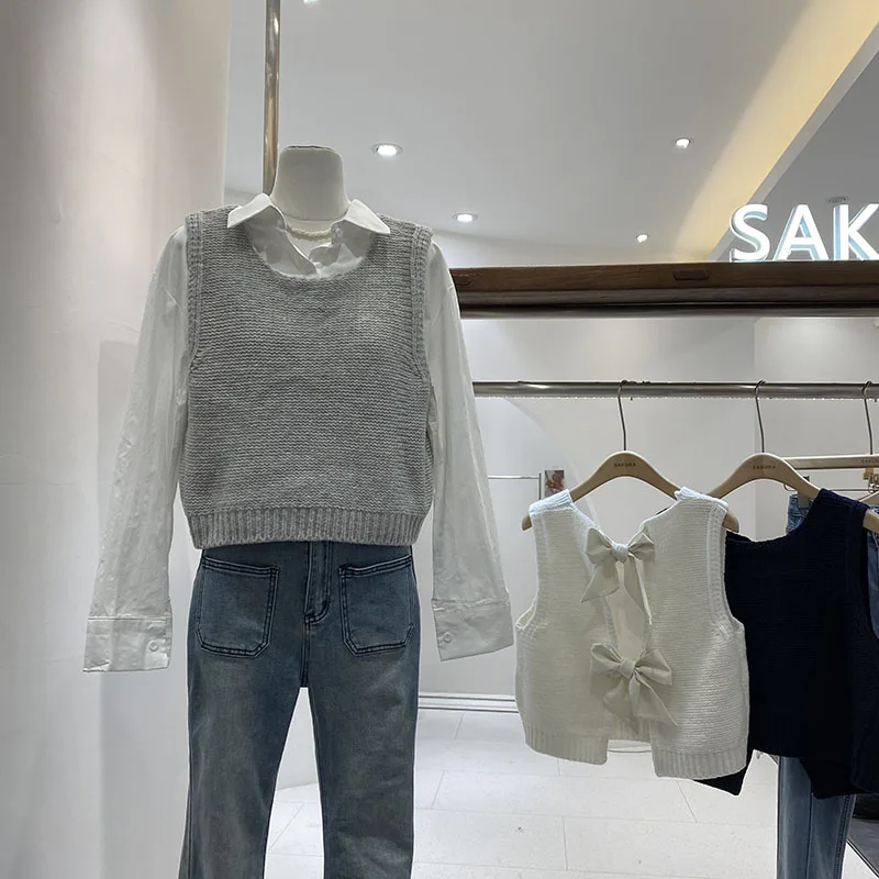 القوس الجوف خارج سترة سترة المرأة الخريف النسخة الكورية تنوعا محبوك معطف الحلو أكمام جولة الرقبة سترة فضفاضة أعلى