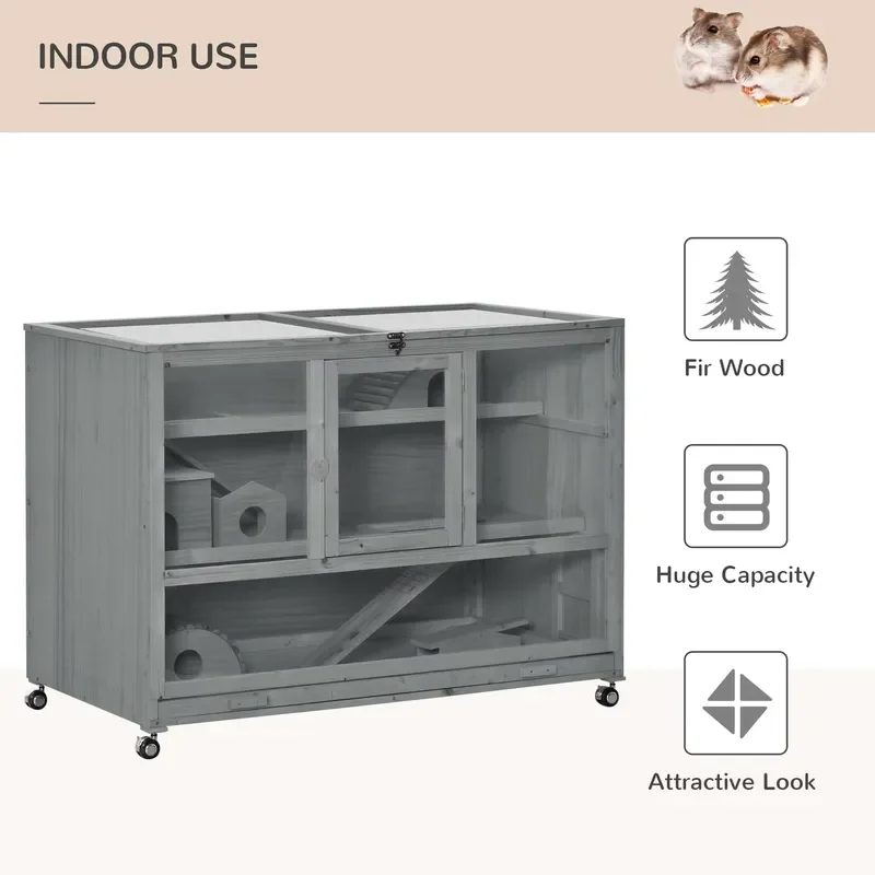 Wooden Large Hamster Cage with Seesaw and Wheels, Small Animal Cage and Habitat, 3-Tier Hamster Habitat with Ladder, Dark