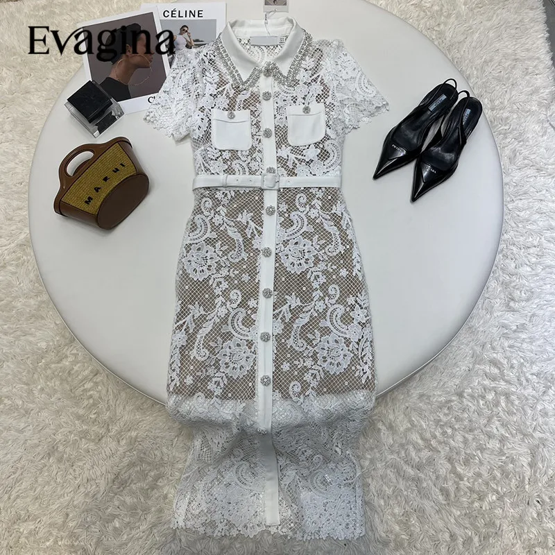 

Evagina Runway Designer Spring Dress Women's Turn-Down Collar Rhinestone Lace Hook Flower Hollow Out Belt Slim Long Dresses