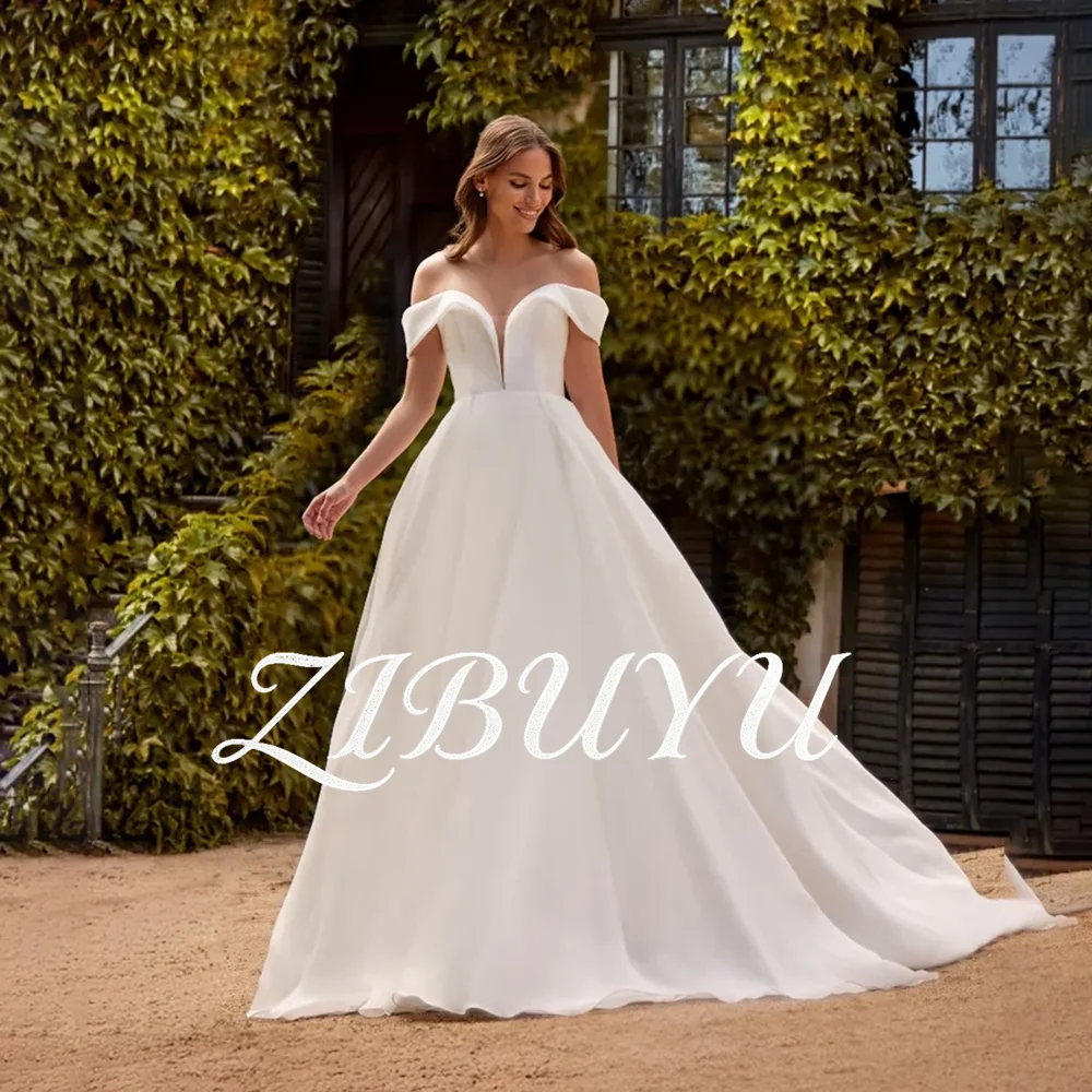

ZIBUYU Customized 2026 Romantic Wedding Dress Off Shoulder Sweetheart Sleeveless Satin Backless A-Line Floor Length Bridal Gown