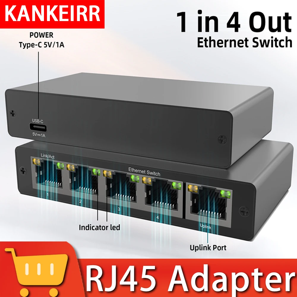 Сеть Один четырехъядерный гигабитный сетевой доступ RJ45 One Drag Four Сетевой порт Расширение Сетевой разветвитель Одночасный доступ к Интернету