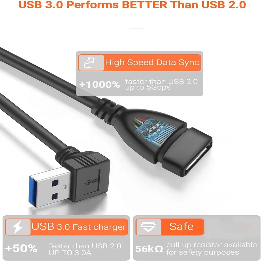 0.2 متر USB 3.0 تمديد كابل أعلى/أسفل/يسار/يمين زاوية USB ذكر إلى أنثى 5Gbps سلك بيانات لأجهزة الكمبيوتر المحمول لوحة المفاتيح الماوس الطابعة