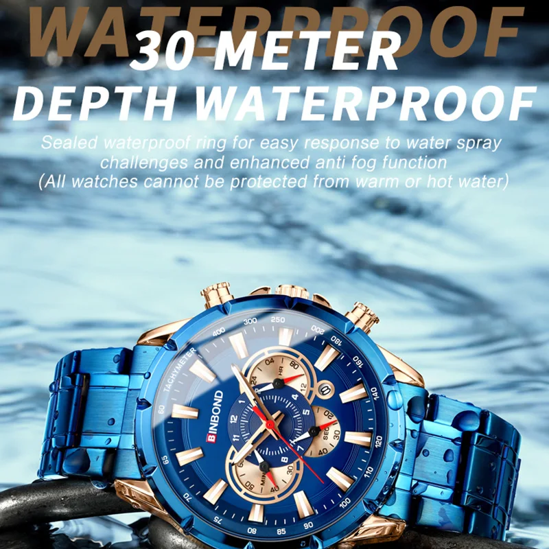 BINBOND العلامة التجارية الجديدة رجال الأعمال كوارتز ساعة موضة الفولاذ المقاوم للصدأ مقاوم للماء الرياضة عادية متعددة الوظائف الفاخرة رجل الساعات