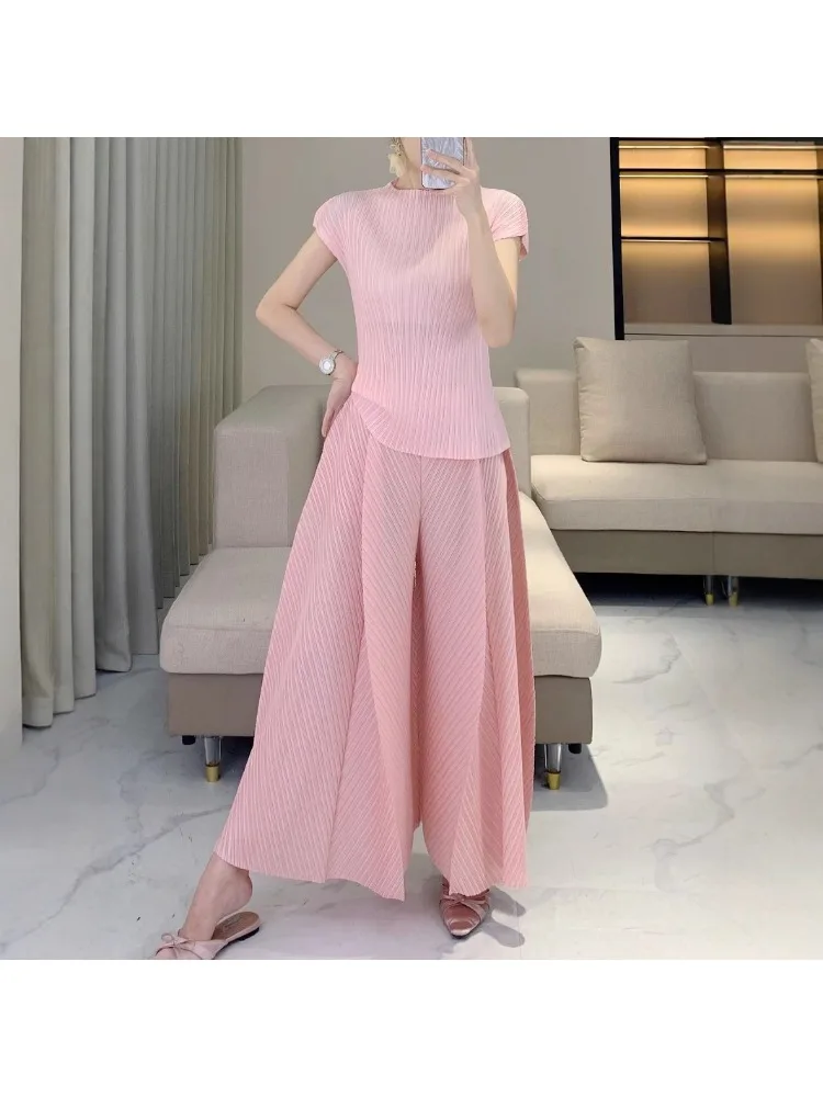 Miyake Women's Set Summer Thin Tight T-shirt Fashion Wide Leg Pants 2-piece Set Solid Color Casual Commuter Versatile