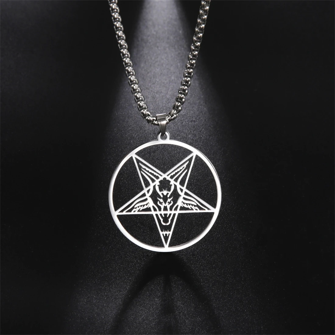 EUEAVAN Punk Devil Satan Necklace for Men Stainless Steel Box Chain Hollow Pentagram Pendant Chain Rock Hip Hop Jewelry Gift