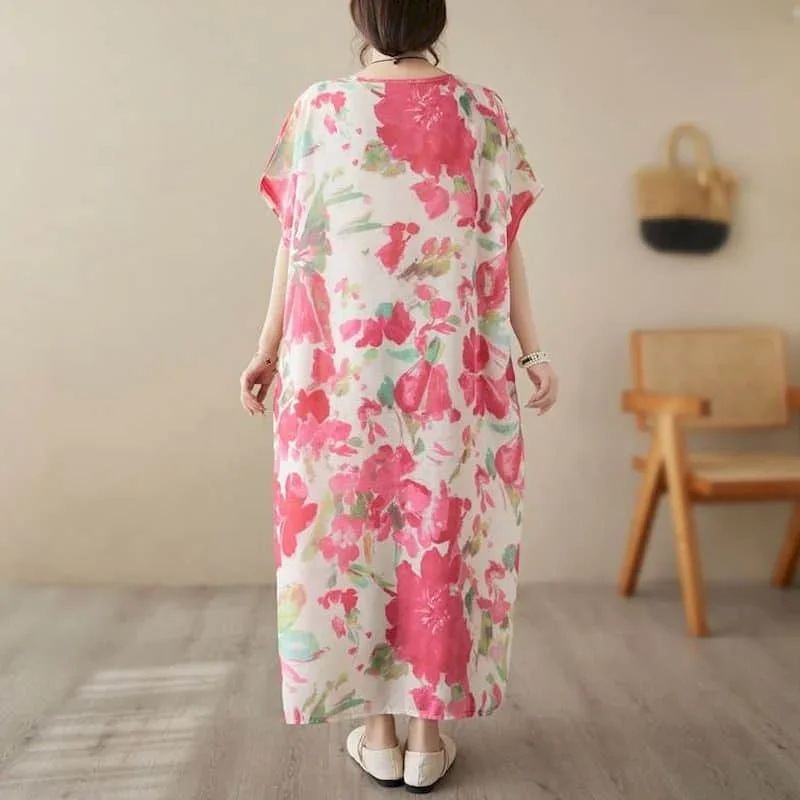 Vestidos literários vintage casual design floral manga curta solta o pescoço estilo coreano meados de bezerro vestido de verão para roupas femininas