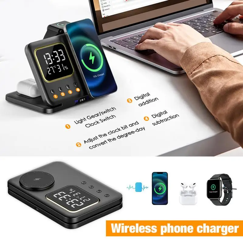 Station de chargeur sans fil multifonction 5 en 1, charge rapide 15W, support de téléphone portable, réveil créatif pour la maison, la chambre, le bureau