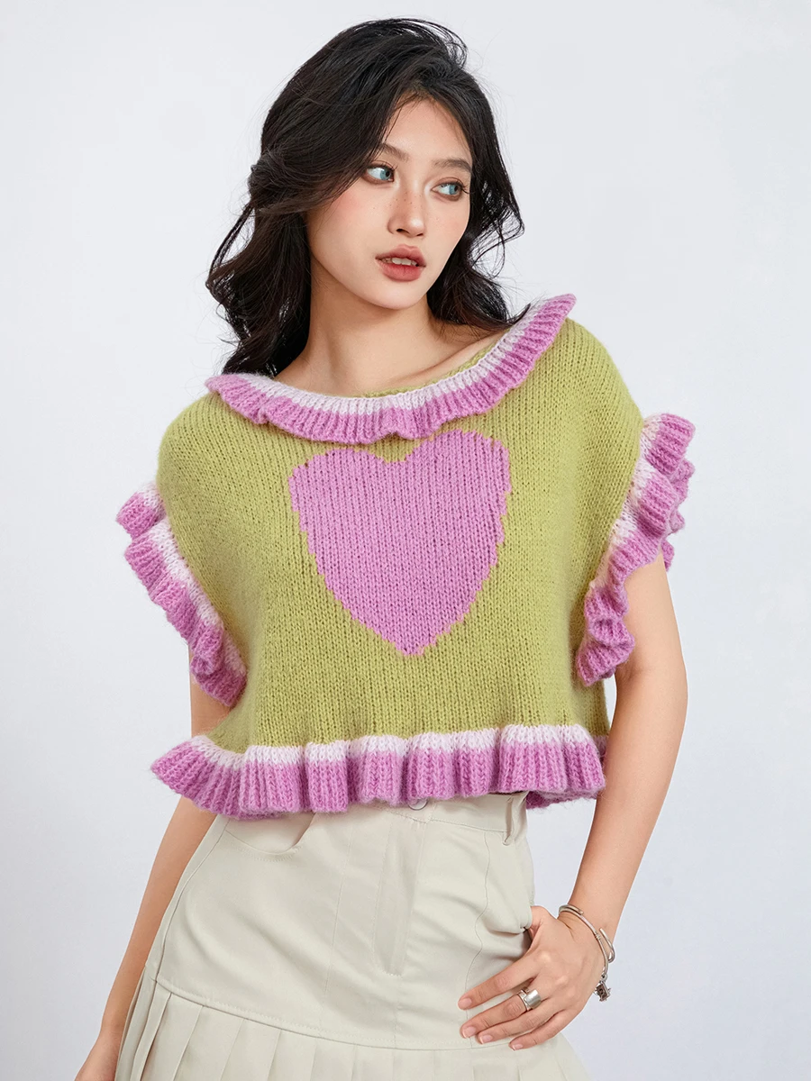 

Women's Knit Sweater Vest Sweet Heart Pattern Sleeveless Ruffles Pullovers Spring Fall Casual Trendy Loose Tank Tops Jumpers Y2K