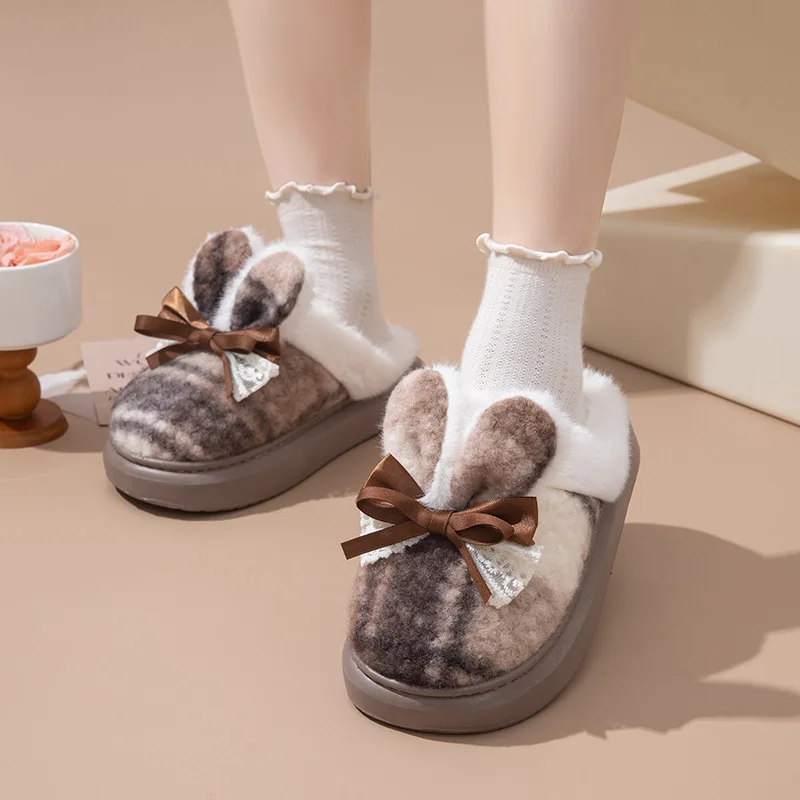 

New lovely rabbit ears slippers for women lace bow furry scuff shoes home slipper woman plush winter slides shoes ladies slipper
