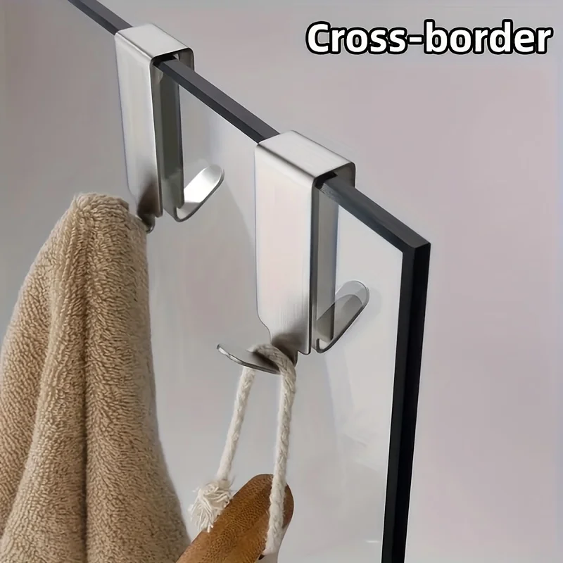 2X Stainless Steel Double Side HooksBathroom Shower Door Hook Over Glass Door Shower Towel Rack For Glass Wall Or Glass Door