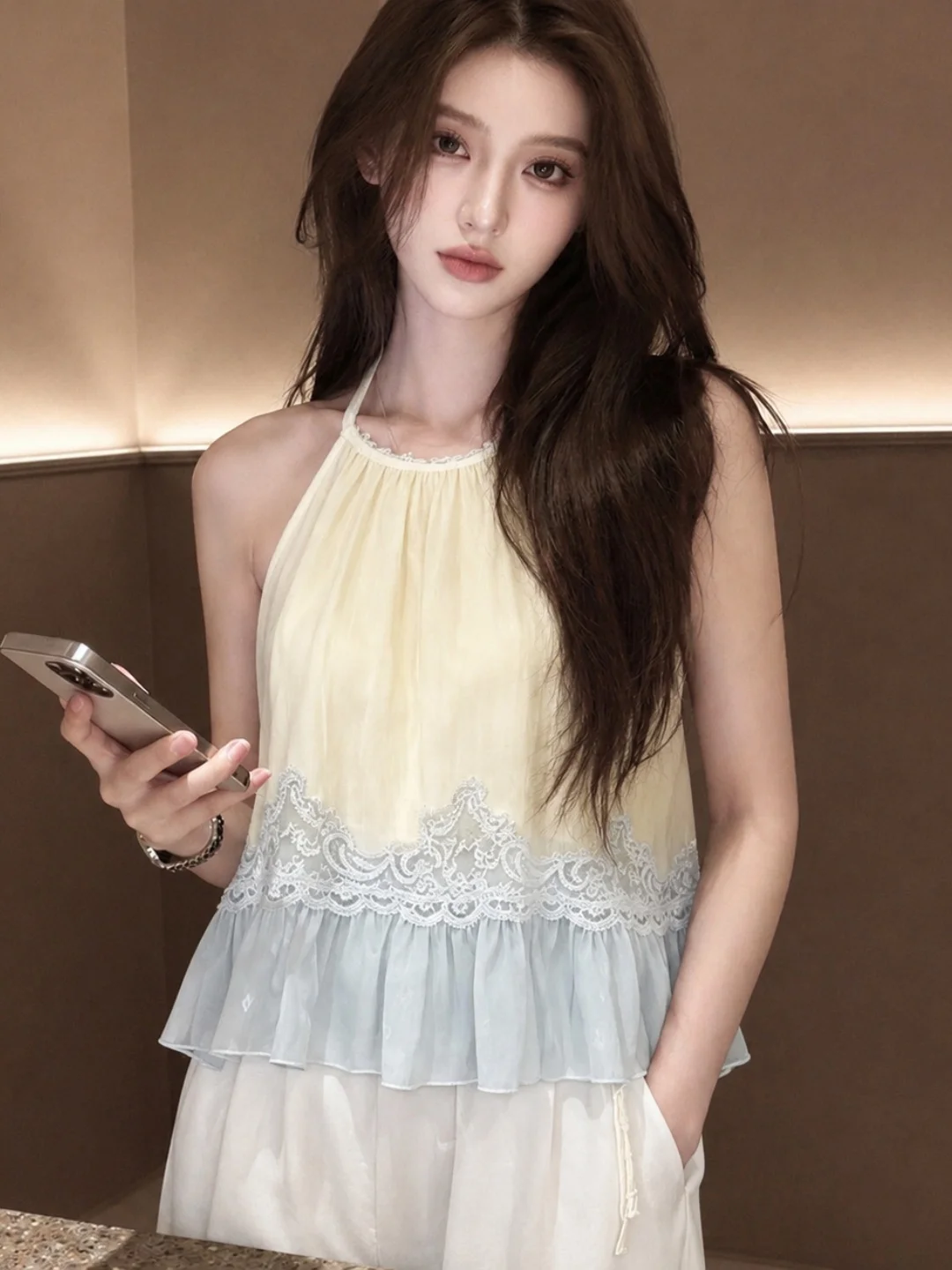 

Sweet Style Lace Splice Neck Hanging Sleeveless Top Summer Fashion Slimming Vest Elegant Quality Loose Fit plus Size Women's ...