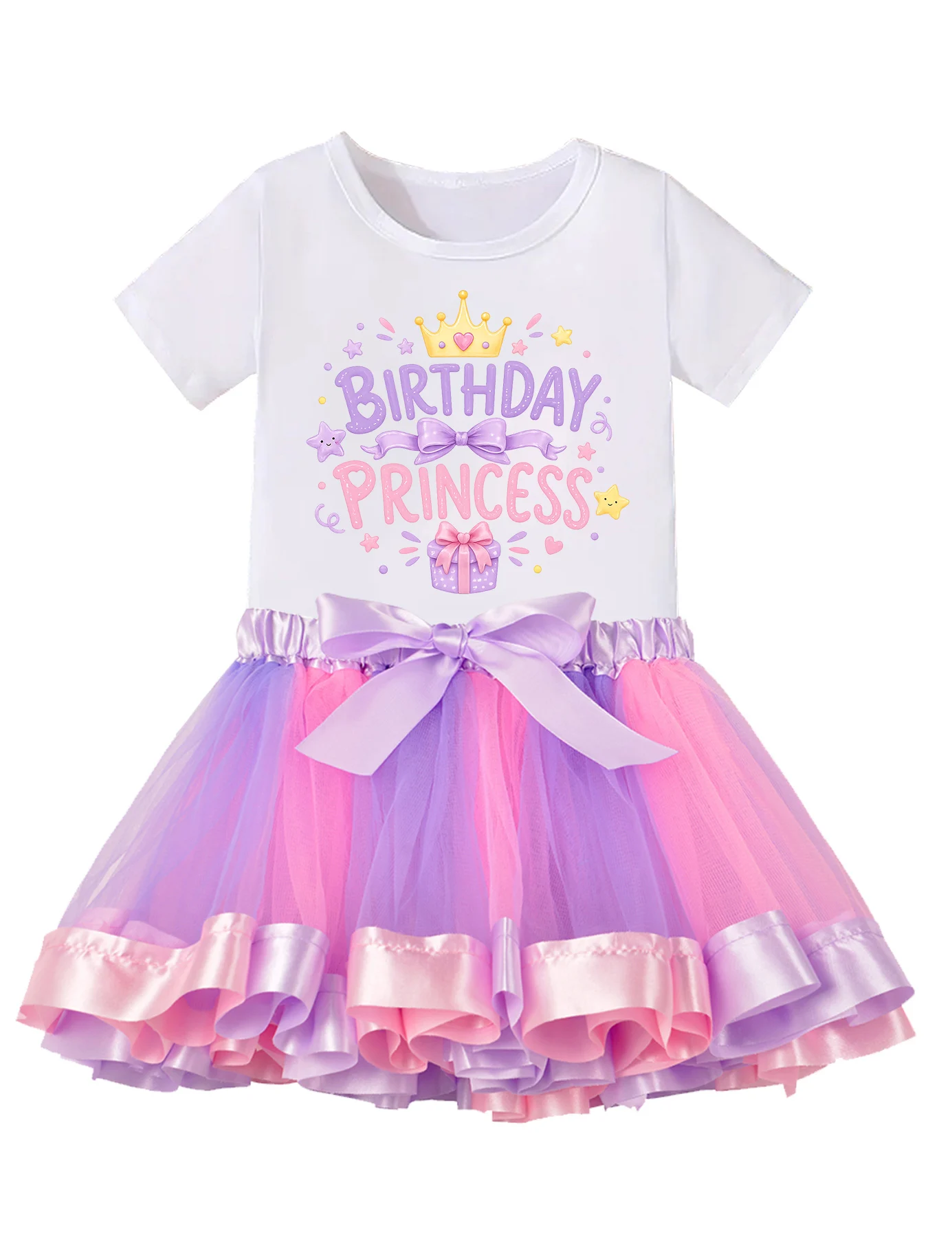 Kids Birthday Princess Outfit Set Girls Short Sleeve Print T Shirt Pink Purple Tutu Skirt 2Pcs Children Birthday Party Costume L