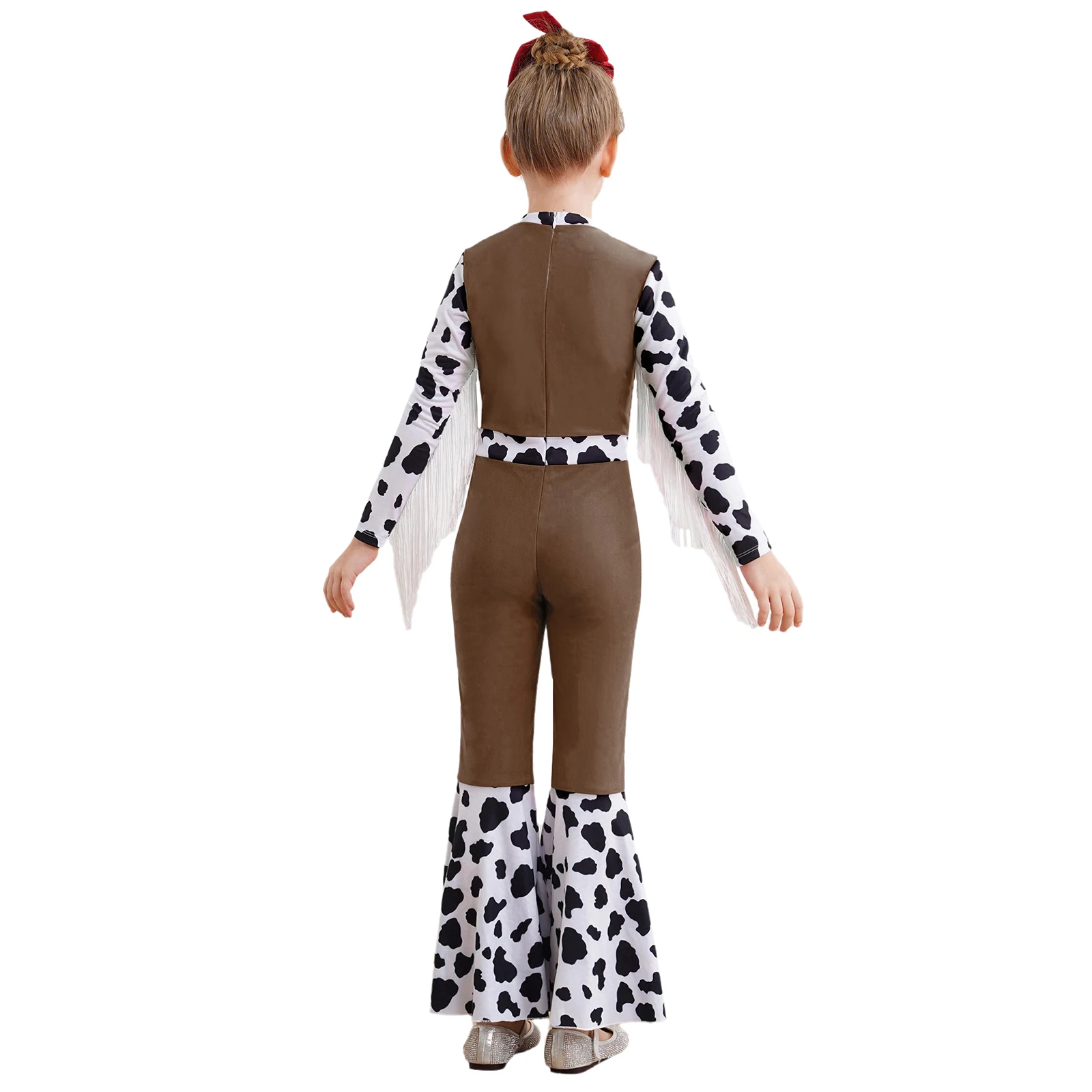Kids Girls Western Cowboy Cowgirl Costume Long Sleeve High Waist Fringe Cow Print Flared Jumpsuit Bodysuit for Halloween Cosplay