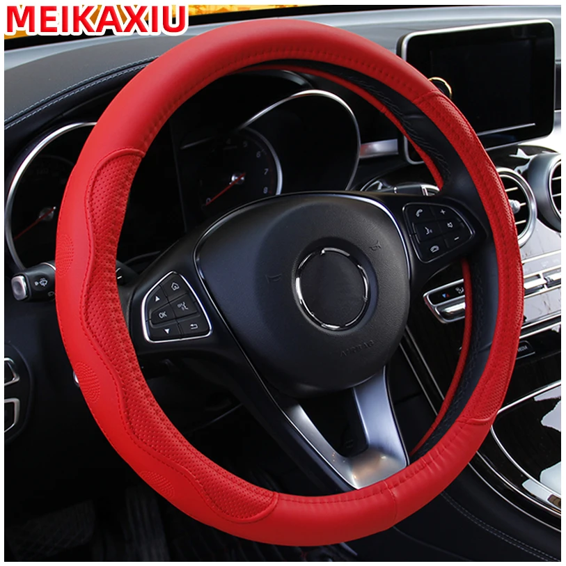 3D PU Fiber Leather Embossed Massage Steering Wheel Cover with Inner Ring - Car Decorative Accessory 37-38CM