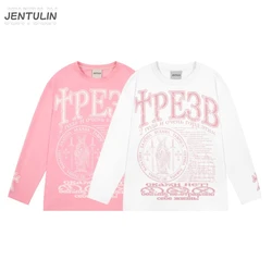 Oversized Men's Clothing Streetwear Sober Print Autumn Hip Hop Korean Long Sleeve Y2k Tops Tee Cotton Graphic Pink Tshirt Gothic