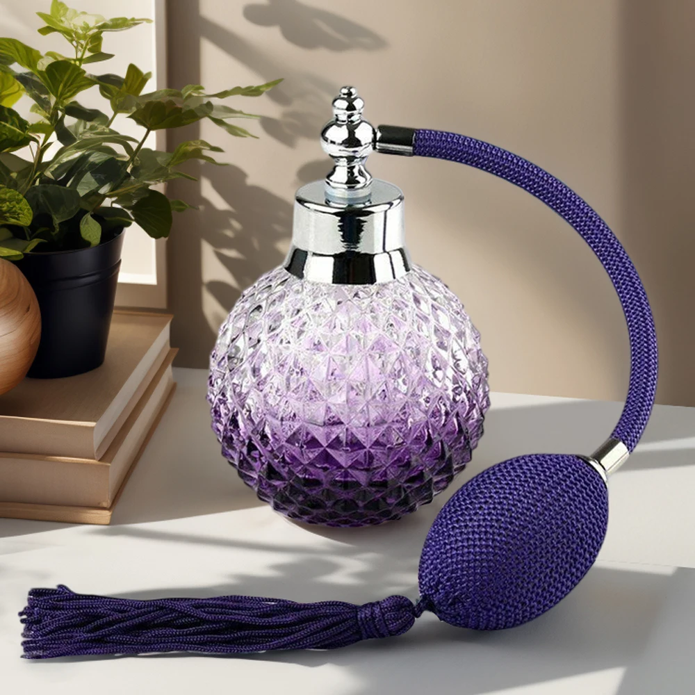 

Vintage Perfume Bottle Atomizer Empty Glass 100ml Purple with Pump Airbag Spray Tassels Refillable Bottles Lady Gift Decoration