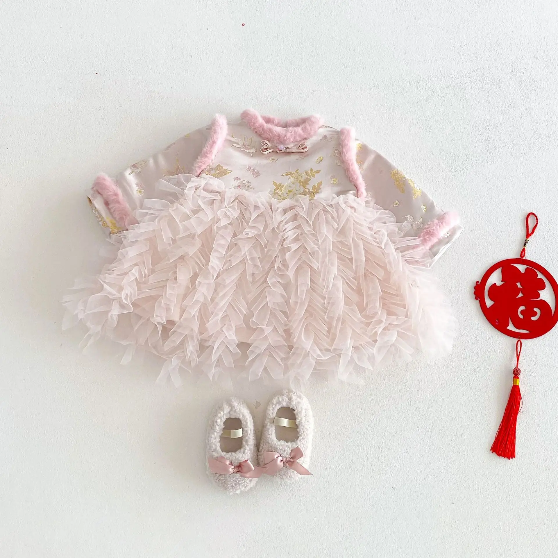 

Girls' Mesh New Year's Clothing 2025 New Winter Baby Chinese Style Cotton Padded Thick Dress Children's Skirt