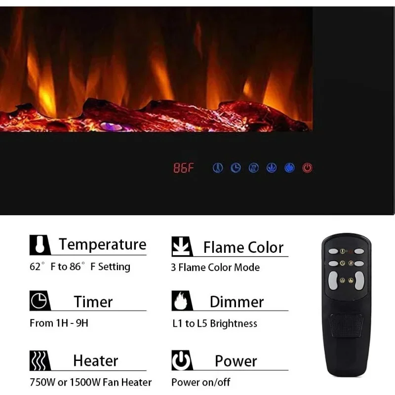 60" Recessed Electric Fireplace Insert, 5 Flame Settings, Log Set or Crystal Options Temperature Control by Touch Panel & Remote