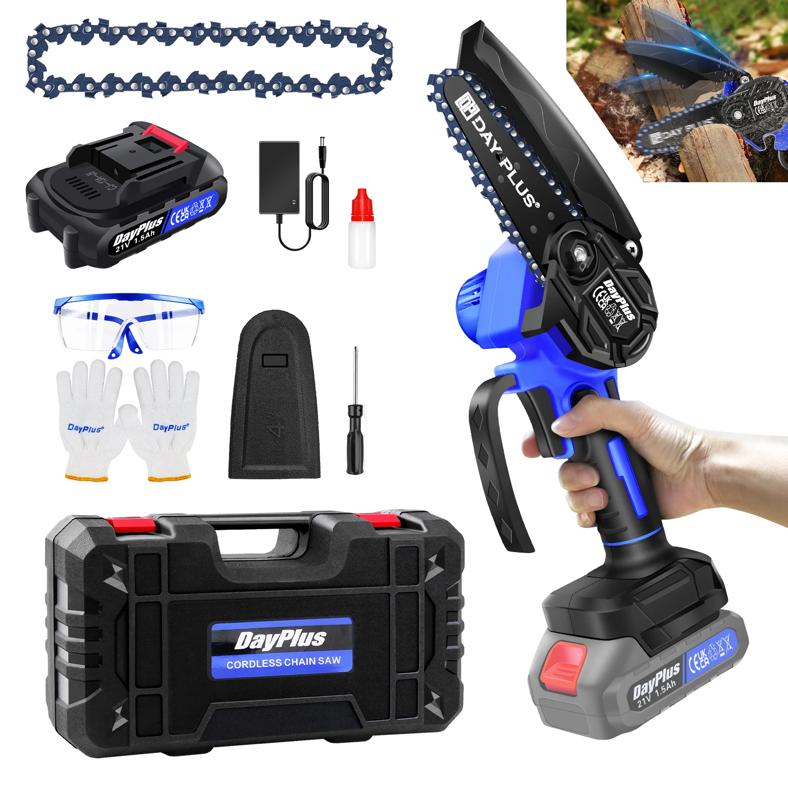 21 V 4 Zoll Mini-Kettensäge, kabellos, elektrische Hand-Gartenkettensäge mit Batterie und 2 Ketten,