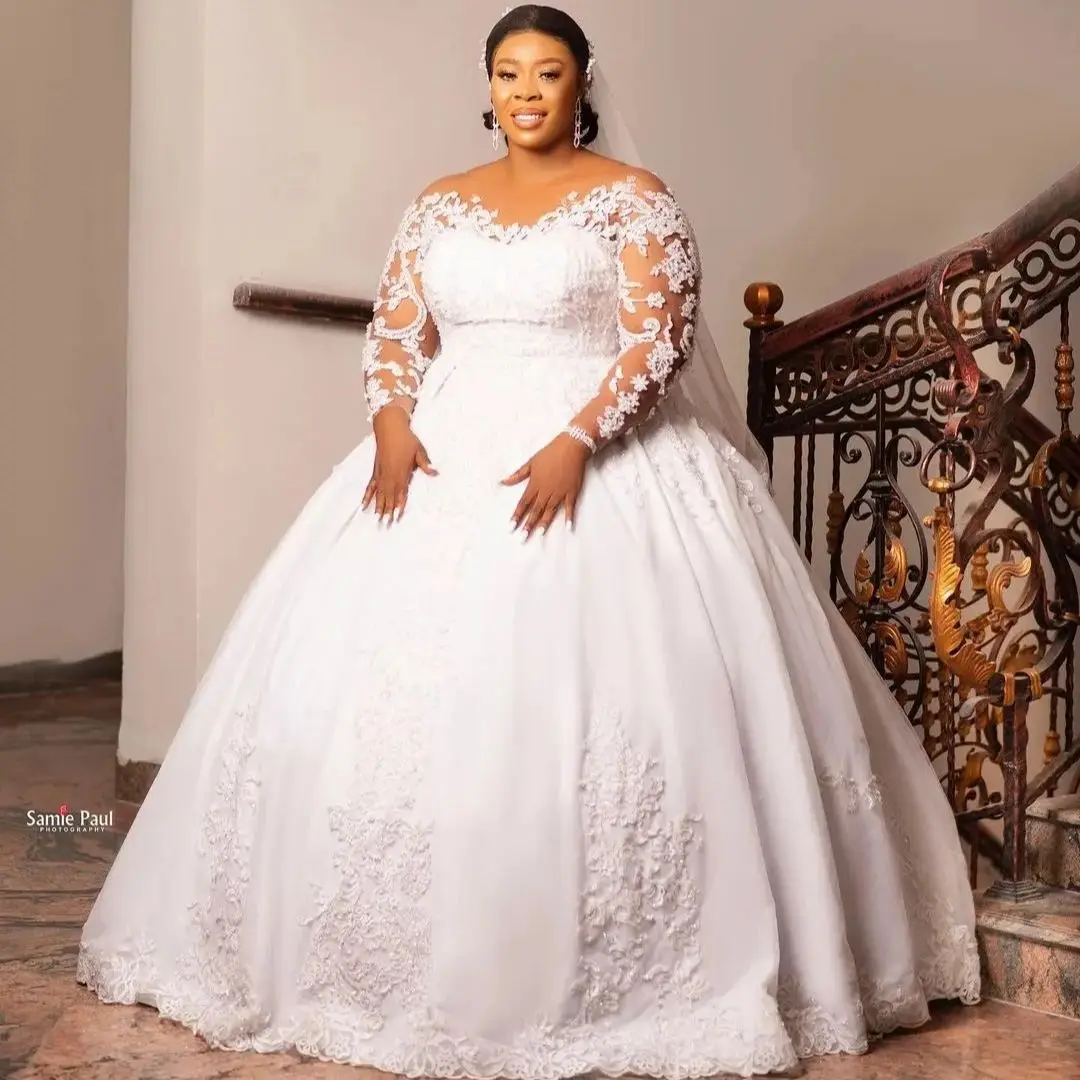 PLUS ขนาดแอฟริกันชุดแต่งงานสีดําสาวบอลชุดแขนยาวลูกไม้ Aso Ebi มุสลิมชุดเจ้าสาว Vestido De Novia ที่กําหนดเอง