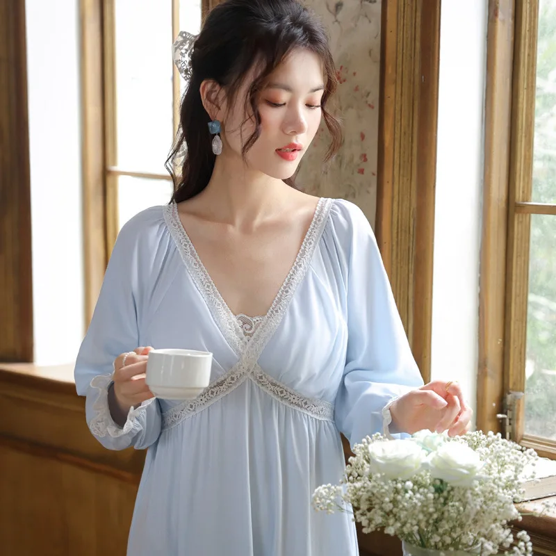 

Long Sleeved Nightgown Women's Cotton Retro Court Style Lace Princess Sleepwear V-tie Chest Pad Home Wear Spring and Autumn