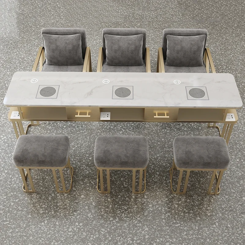 

Luxury Marble Table Top Nail Tables Vacuum Cleaner Nordic Nail Salon Tables Modern Golden Mesa De Manicure Salon Furniture KMNT