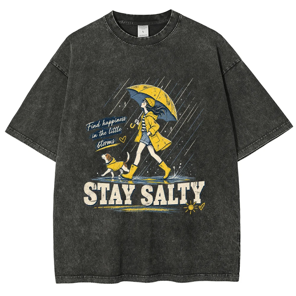 Stay Salty Girl Walking Dog T Shirt Vintage Acid Wash Graphic Tees Oversized Rainy Day Girl Short Sleeve Tops Casual Streetwear