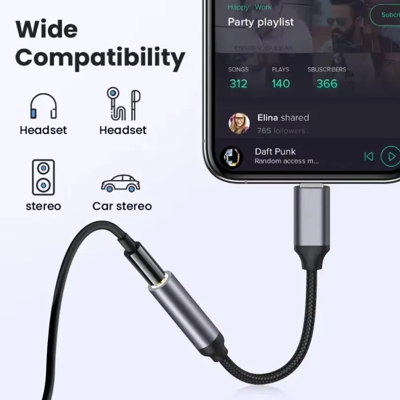 8-Pin to 3.5mm Stereo Audio Transfer Cable Headset Jack Conversion Connector for iPhone 14 13 12 11