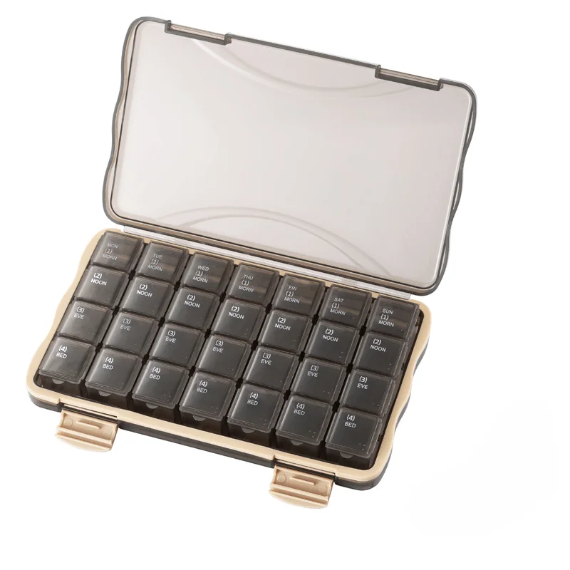 

Еженедельный органайзер для таблеток на 7 дней, 4 приема в день, дорожный контейнер для лекарств большой емкости с двойной защитой, влагонепроницаемый.