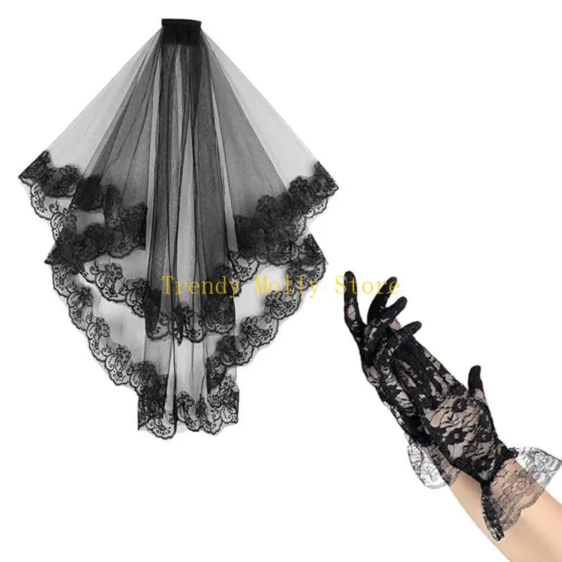 N5KB Halloween Black Lace Veil and Gants Set pour les costumes accessoires gothiques