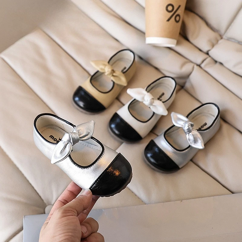 

Spring Autumn Girls Leather Shoes Simple Patchwork Kids Bow Flat Shoes Round-toe Princess Causal Children's Fashion Dress Shoes