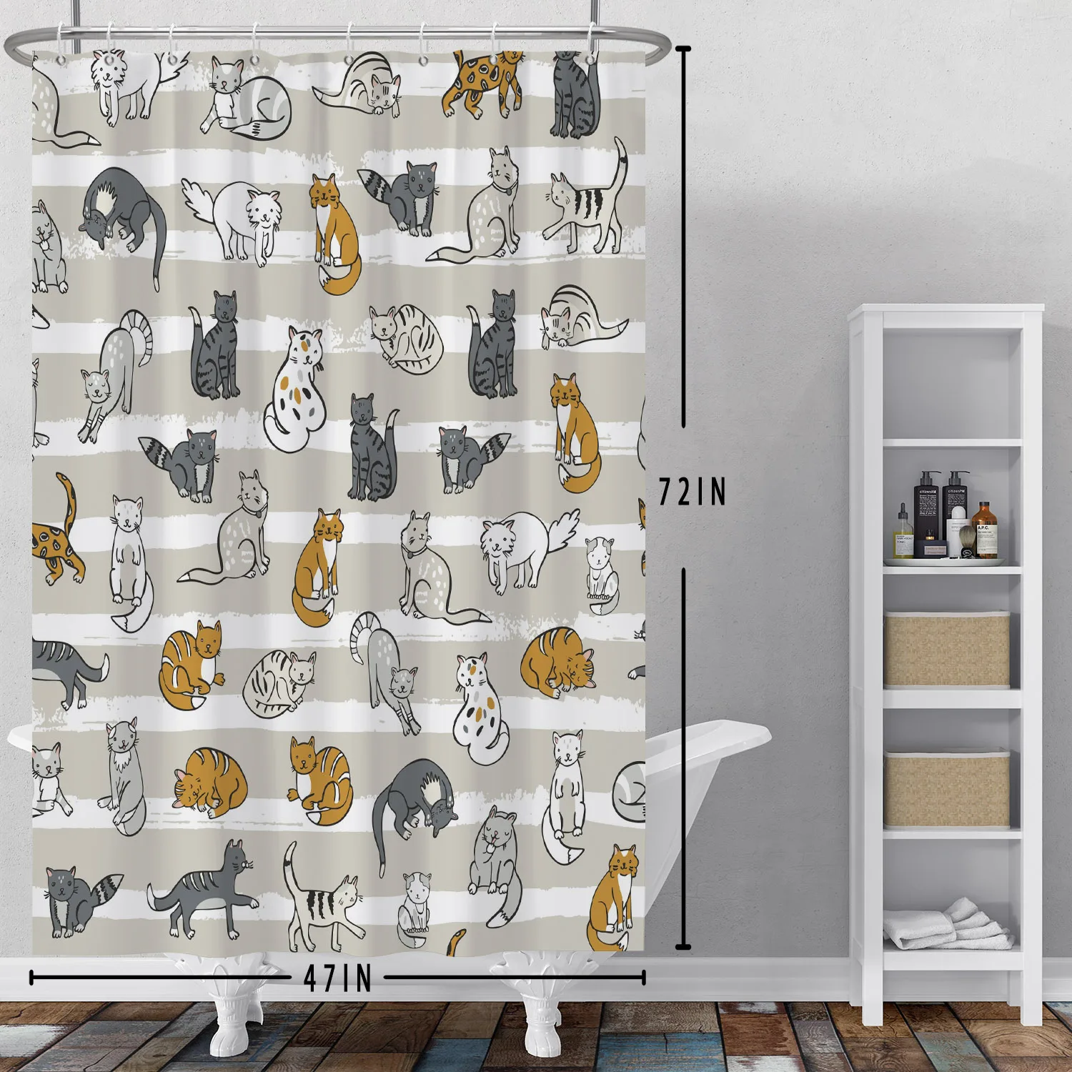 Cute Cat Pattern Shower Curtain Multifunctional Bathroom Partition Curtain Bath Decoration Waterproof Hanging Curtain With Hooks