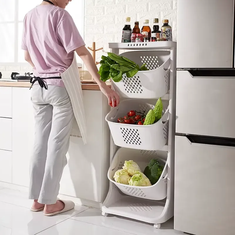 Modern Eco Friendly Kitchen Multi Layer Plastic Storage Rack on Wheels Oversized Organizer for Fruits and Vegetables
