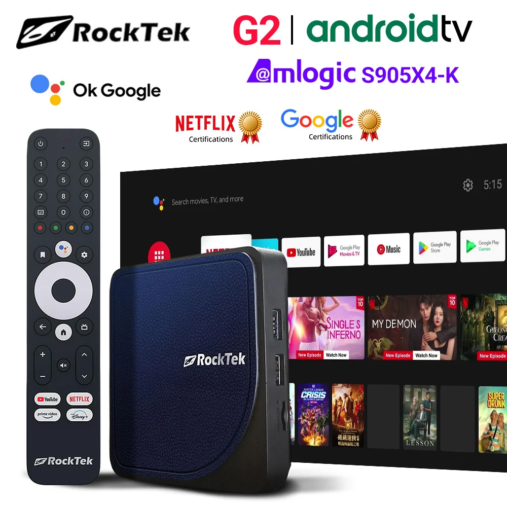 RockTek G2 4K Android TV 12-Stream Box z Netflix Certyfikatem Google Amlogic S905X4-K 4G64G Obsługa DTS Dolby Audio Dolby Vision