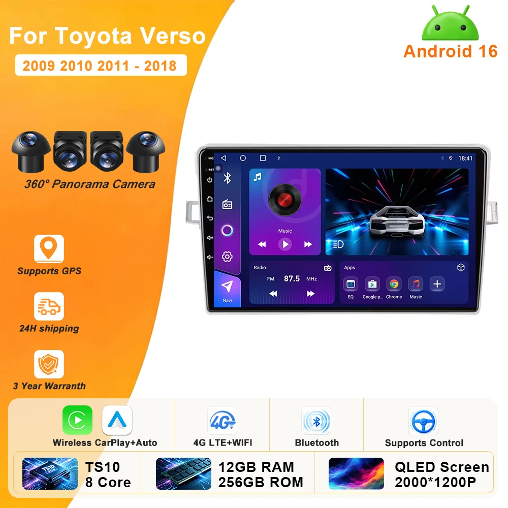 Android 16 Car Radio For Toyota Verso R20 2009 - 2018 GPS NAVI Multimedia Video Player Carplay Auto 4G LTE WIFI QLED DSP No 2DIN