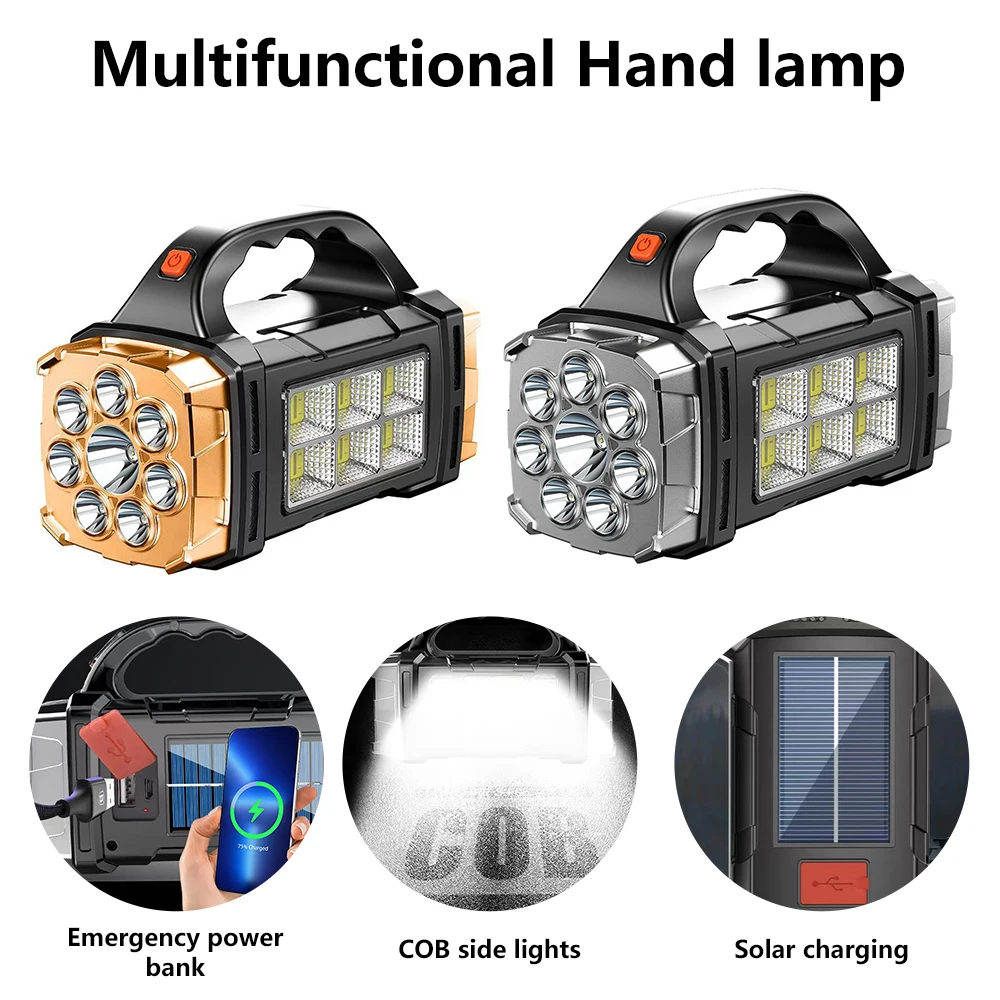 Portable Powerful Solar LED Flashlight With COB Work Lights USB Rechargeable Handheld 4 Lighting Modes Outdoor Solar Torch Light