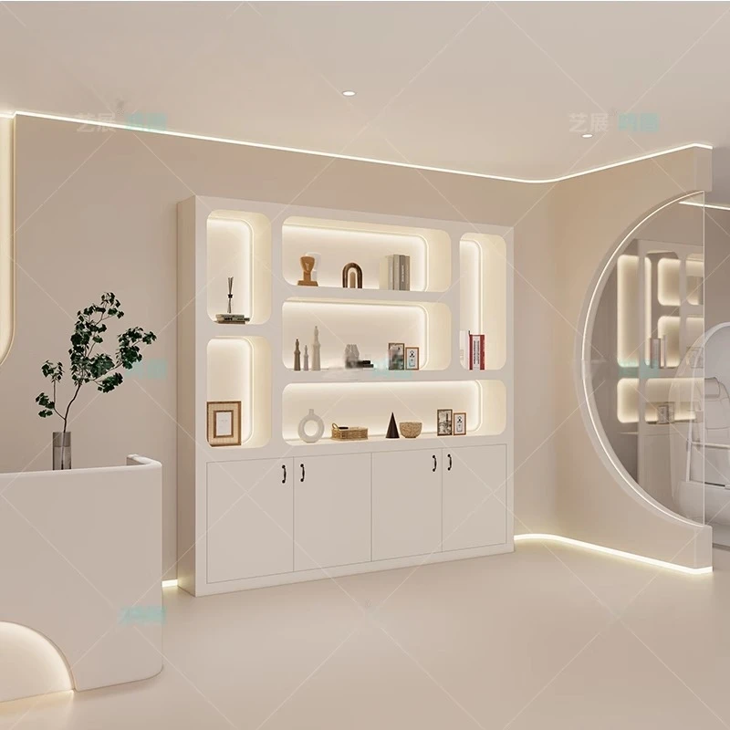 # Garage Cosmetic Cabinet Salon Furniture Nordic Beauty Salon Display Cabinet Modern Solid Wood Painted Cabinet Makeup