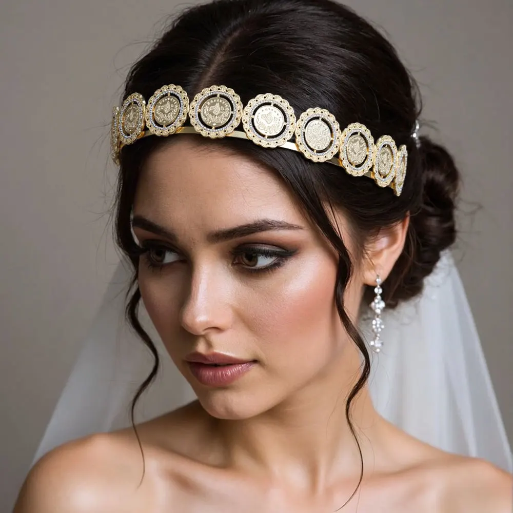 Poyasa Arabic Coin Head Piece Algeria Crown For Women Gold Color Hair Clip Para El Pelo Mujer Middle East Fashion Metal Hairwear