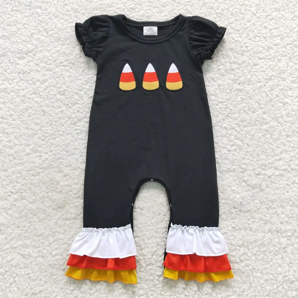 

Wholesale Newborn Halloween Romper Baby Girl Short Sleeves Candy Corn Jumpsuit Kid Toddler Black Cotton Ruffle One-piece Clothes