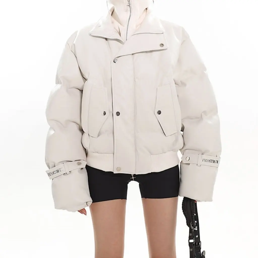 

Women's High-End Metallic Jacket Stand Collar Short Thickened Bread Cotton Outwear 2025 New Season Two-Piece Fake