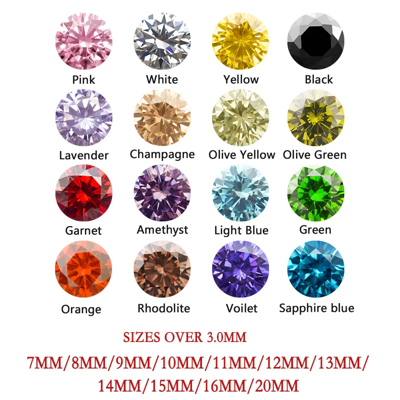 Big Size 3 ~ 20mm AAAAA rotondo verde arancione nero oliva viola rosa giallo Cubic Zirconia pietra allentata CZ pietre per gioielli fai da te