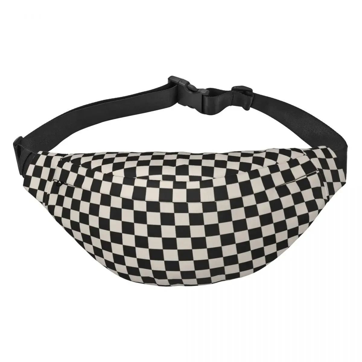 Custom Checkerboard Pattern Plaid Black And Linen White Fanny Bag Sling Crossbody Waist Pack Cycling Camping Phone Money Pouch